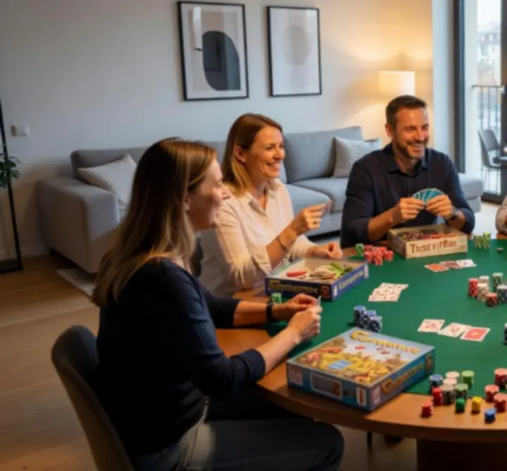 Játékest hangulatos fényekkel és közösségi asztalokkal