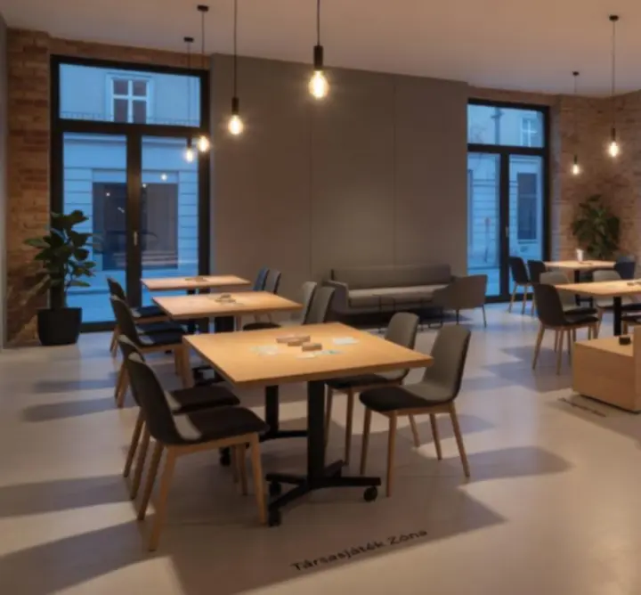 Modern, hangulatos indoor rendezvénytér játékasztalokkal és barátságos megvilágítással